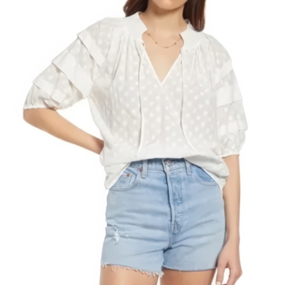 Rails Paris White Embroidered Daisies Short Sleeve Cotton Top Blouse Size S Boho